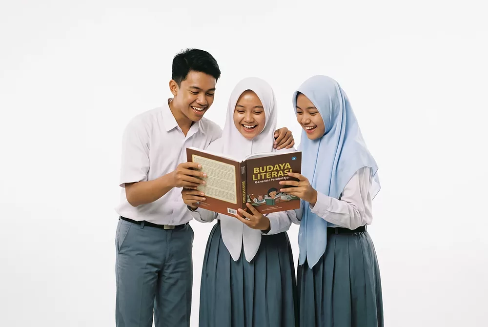 Tiga siswa SMA membaca buku bersama